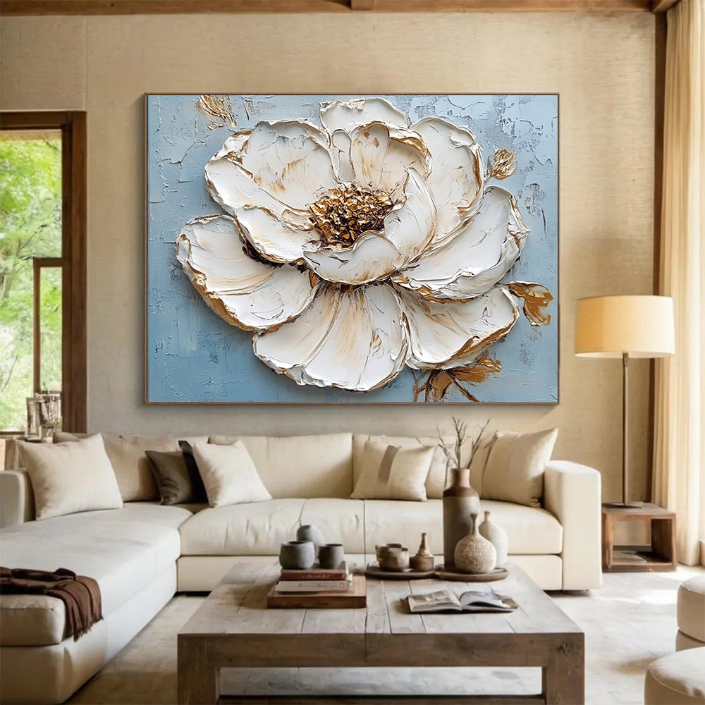 “Textured White Flower with Gold” - White petals, gold accents, blue background, 3D Floral Painting On Canvas HB0598