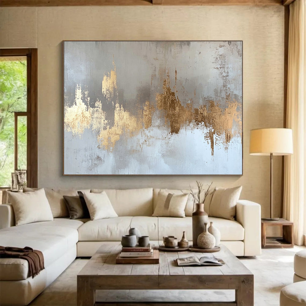 “Gold Accents on Gray White” - Gold, Gray, White, Textured Forms - Painting On Canvas HB1418
