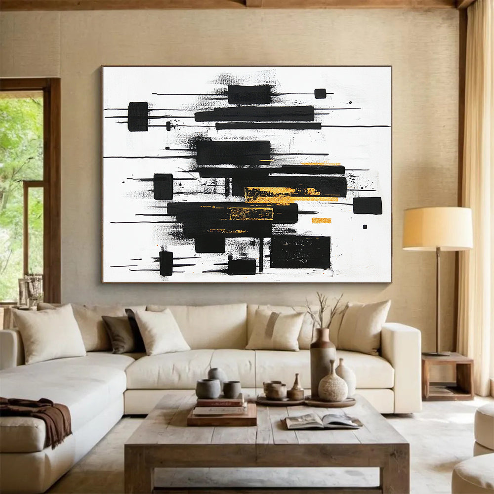 Black, White, Gold and Gray Abstract "Vertical Dynamics" Painting On Canvas HB405