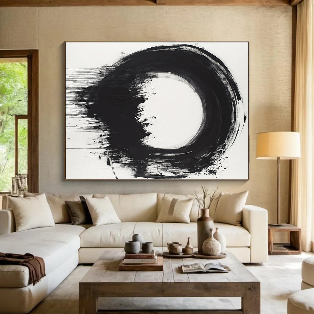 Black Circular Brushstroke with Dripping Paint - “Melting Enso” Painting On Canvas HB247