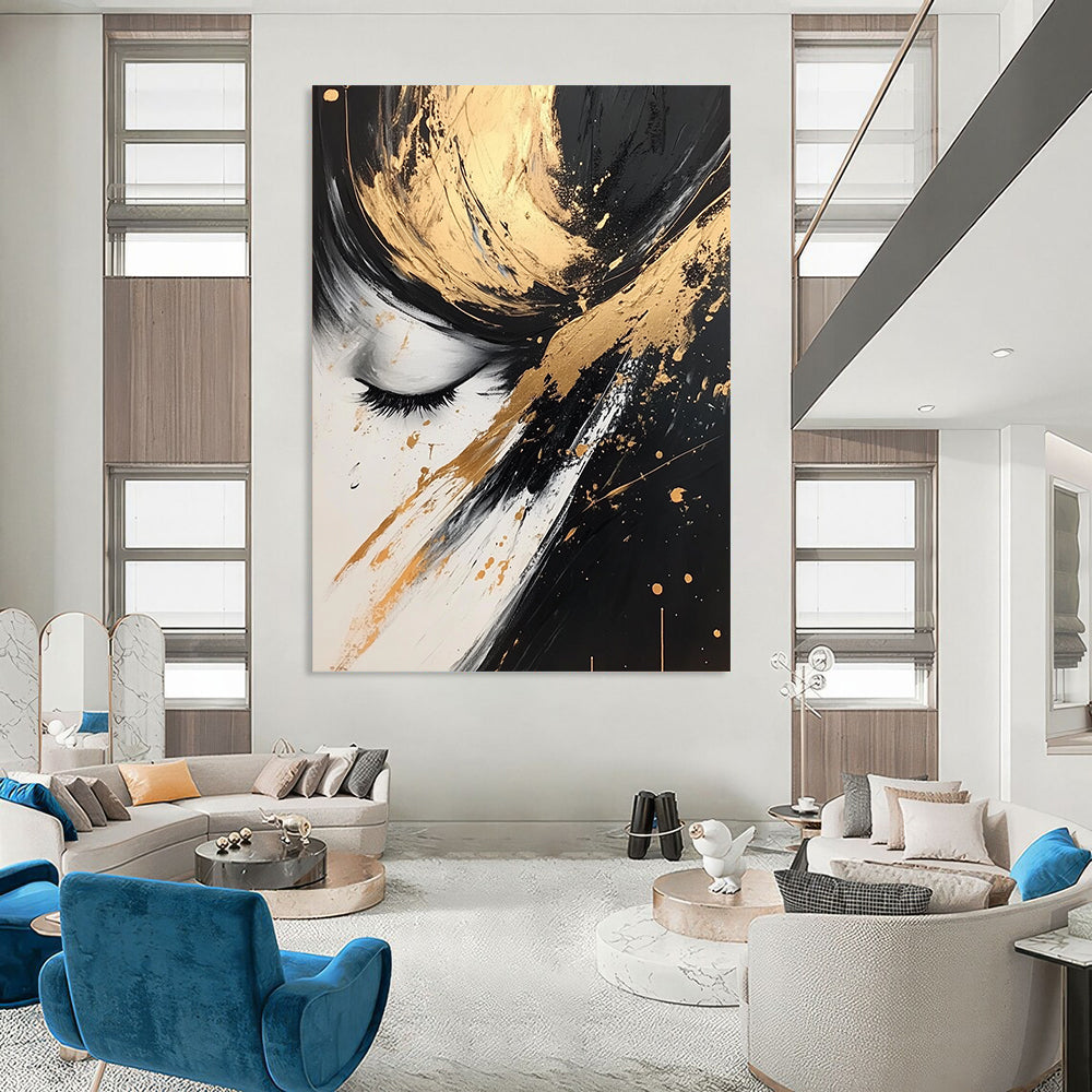 Contemporary hand-painted abstract art featuring dynamic black, white, and gold splashes creating an elegant and beautiful visual experience. DLZ0323