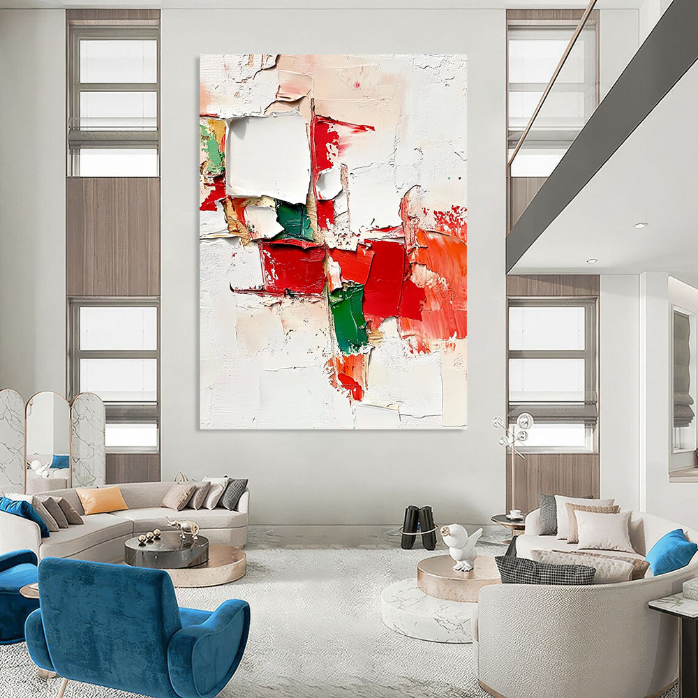 Contemporary abstract artwork showcasing torn pieces in red, green, and white with thick layers, brush strokes, and expressive paint splatters on an off-white background. DLZ0661