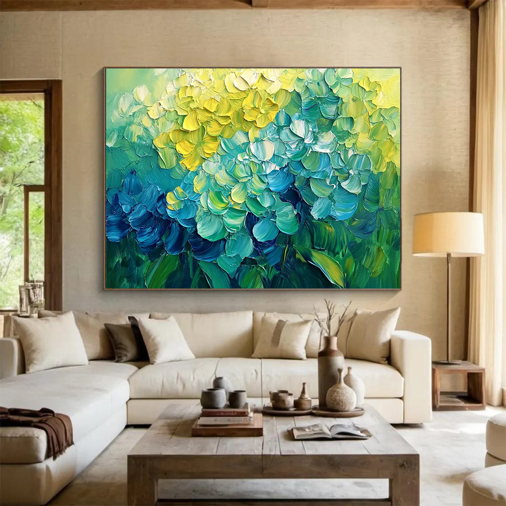 “Vibrant Hydrangeas Burst” - Yellow, Teal, Blue, Lush Flower Blooms Painting On Canvas HB1016