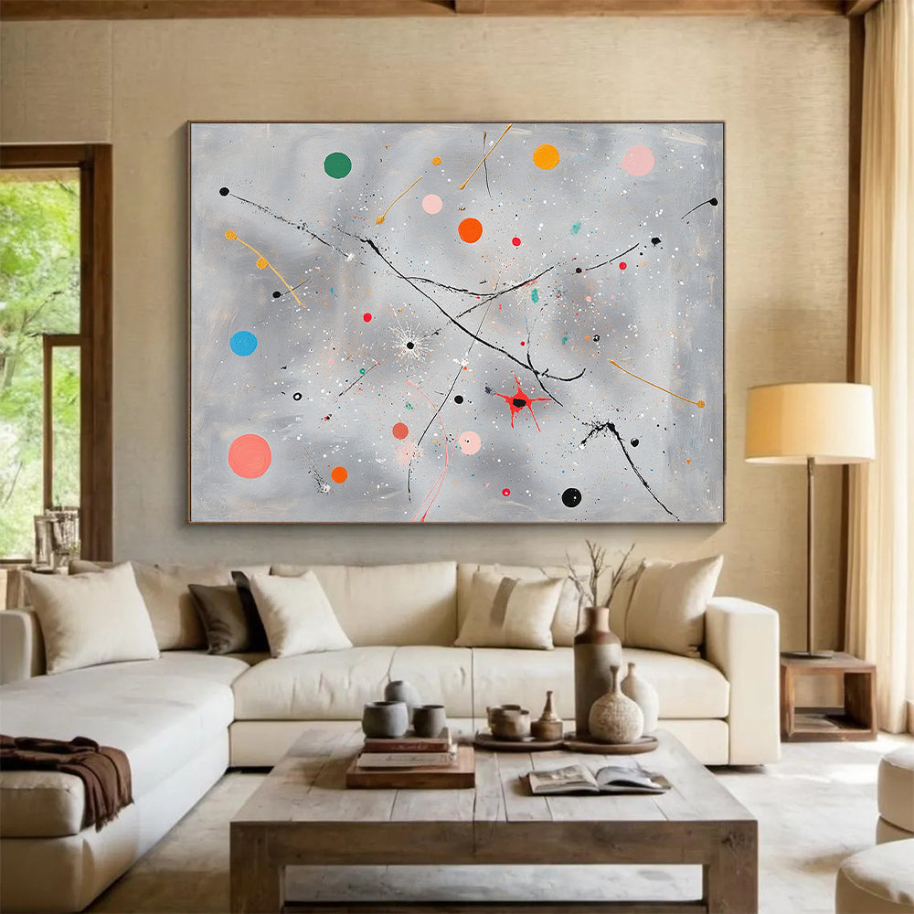 Gray, Colorful Dots, Lines "Playful Cosmos" Abstract Expressionist Painting On Canvas HB086