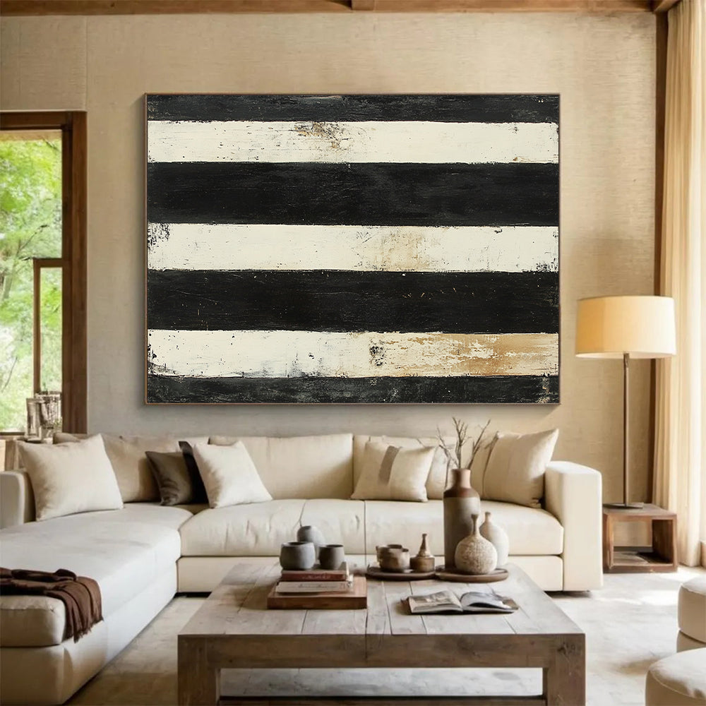 Black, White, Beige, Stripes "Vintage Striped Relic" Abstract Textured Painting On Canvas HB170