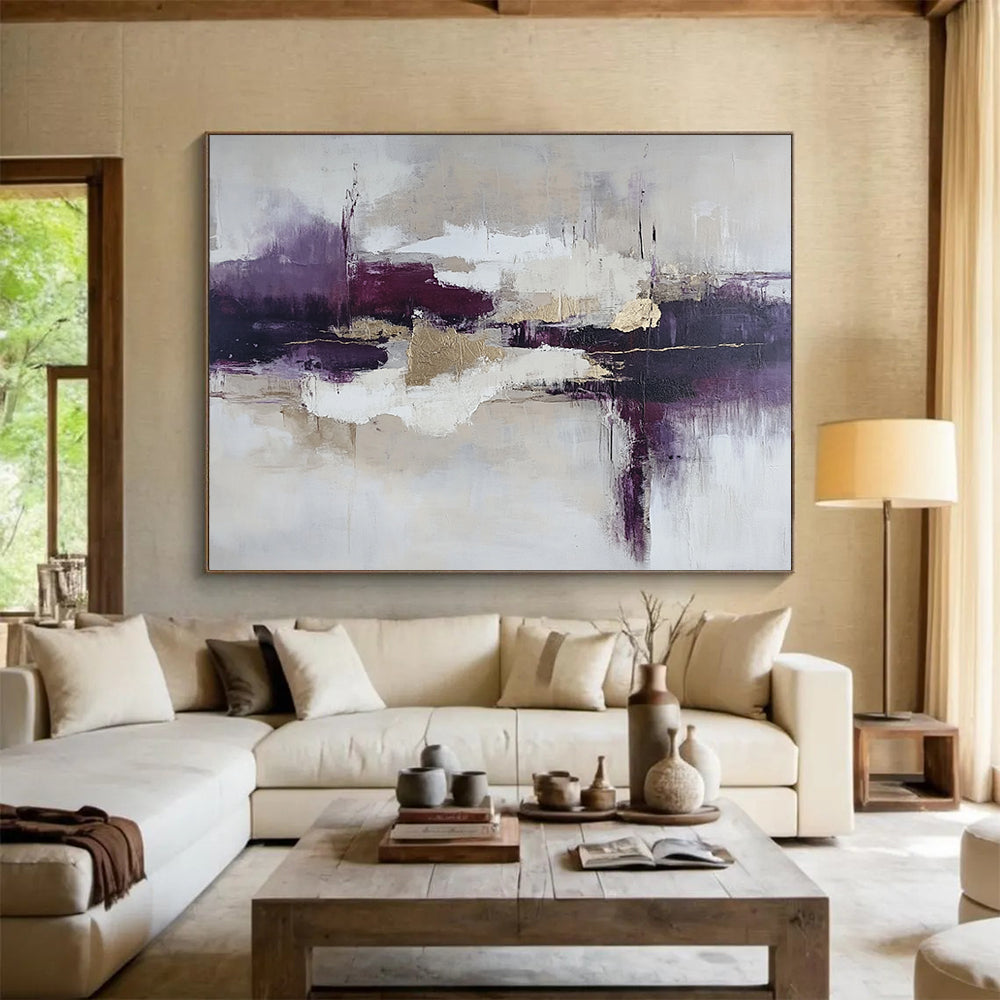 “Elegant Purple Abstract” - Purple, Gold, White, Textured Abstract Shapes Painting On Canvas HB0953
