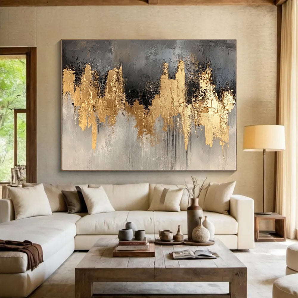 “Gold and Gray Abstract Skyline” - Gray, gold; Abstract skyline with gold accents; Acrylic Painting On Canvas HB1244