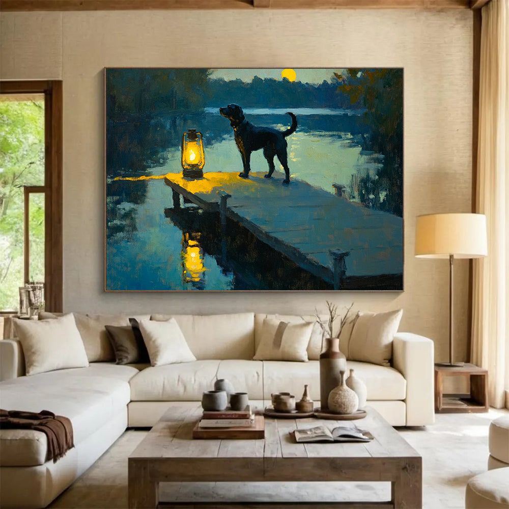 “Moonlit Dog by the Lake” - Blue, Yellow, Black Dog, Lake, Lantern - Realist Oil Painting HB1685