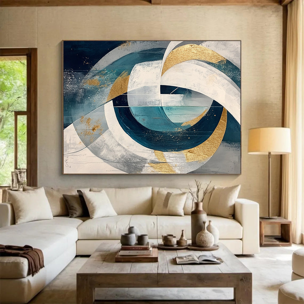 Teal, White, Gray and Gold Intertwined Circles "Celestial Loops" Painting On Canvas HB320