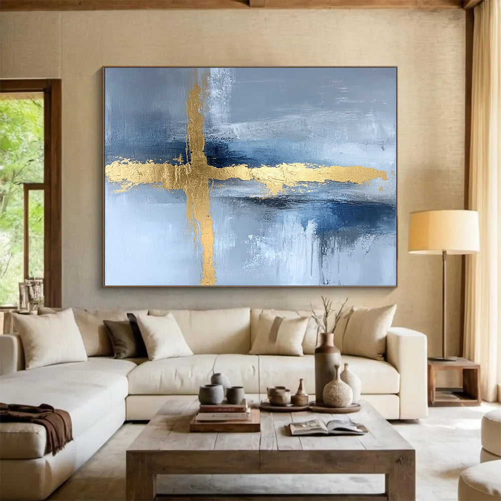 “Gold Cross on Blue - Gray Abstract” - Gold, Blue, Gray, Cross Shapes Painting On Canvas HB0816