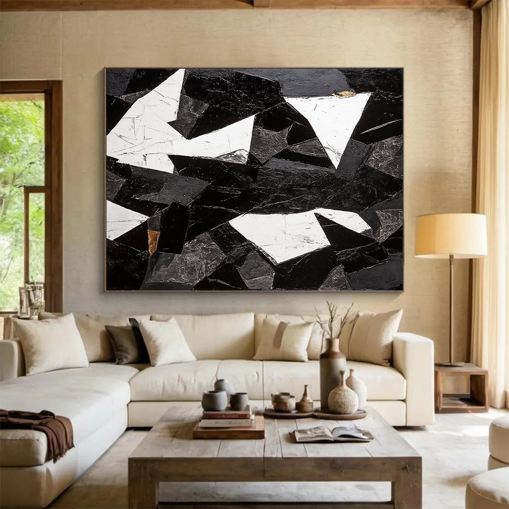Black, White, Gray and Gold Abstract Shards "Broken Harmony" Painting On Canvas HB343