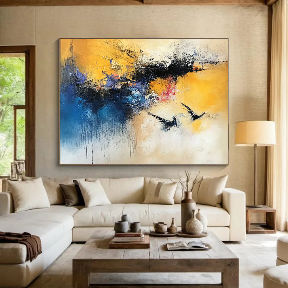 “Yellow Blue Purple Abstract Birds” - Yellow, blue, purple, red, white; Abstract with flying birds HB1293