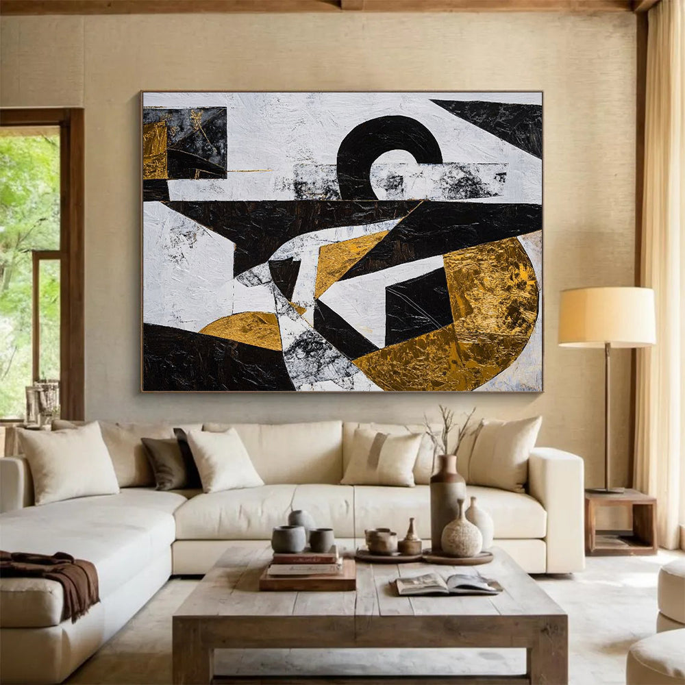 Black, White, Gold and Gray Geometric Abstraction "Dynamic Geometry" Painting On Canvas HB376