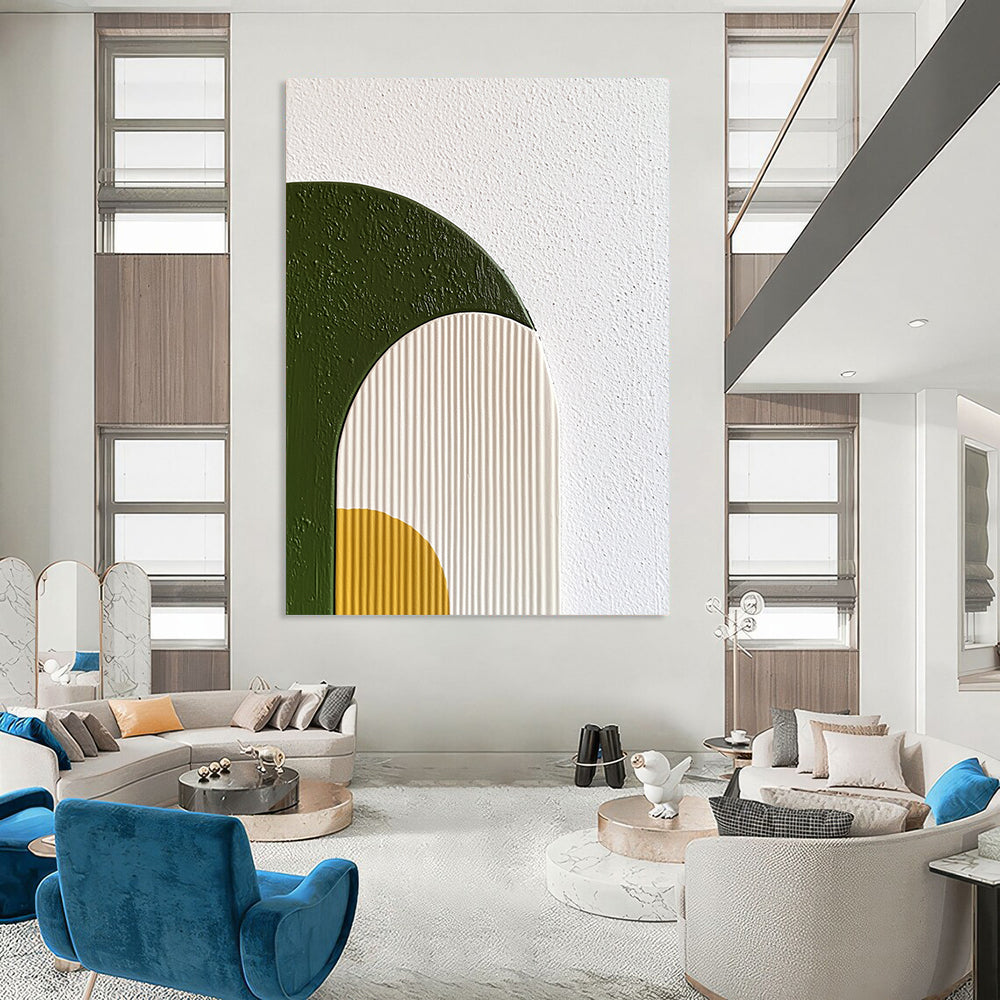 Contemporary hand-painted abstract wall art features organic shapes in green and yellow on a textured background with soft gradients and minimalist design. DLZ1235