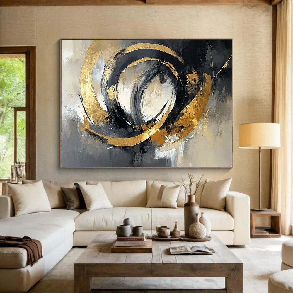 “Swirling Gold - Gray Circles” - Gold, Gray, Swirling Circles Painting On Canvas HB0793
