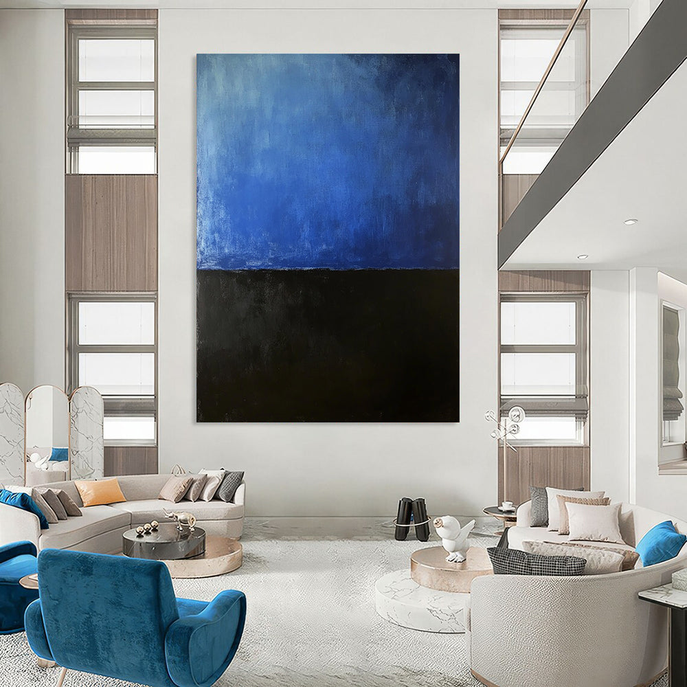 Contemporary hand-painted abstract artwork featuring dark navy and soft gradient sky-blue evokes mystery solitude and introspection. DLZ1592
