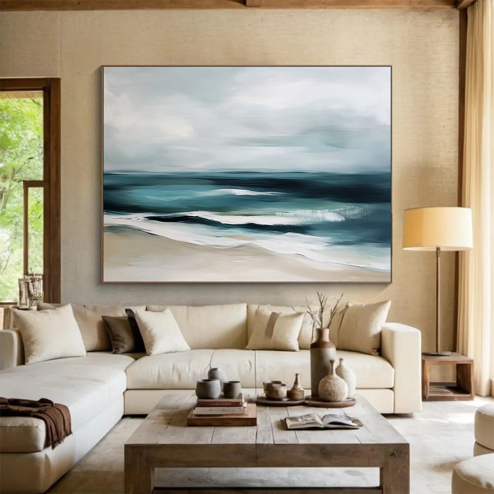 “Muted Coastal Calm” - Gray, Teal, Beige, Abstract Beach - Minimalist Oil Painting HB1507