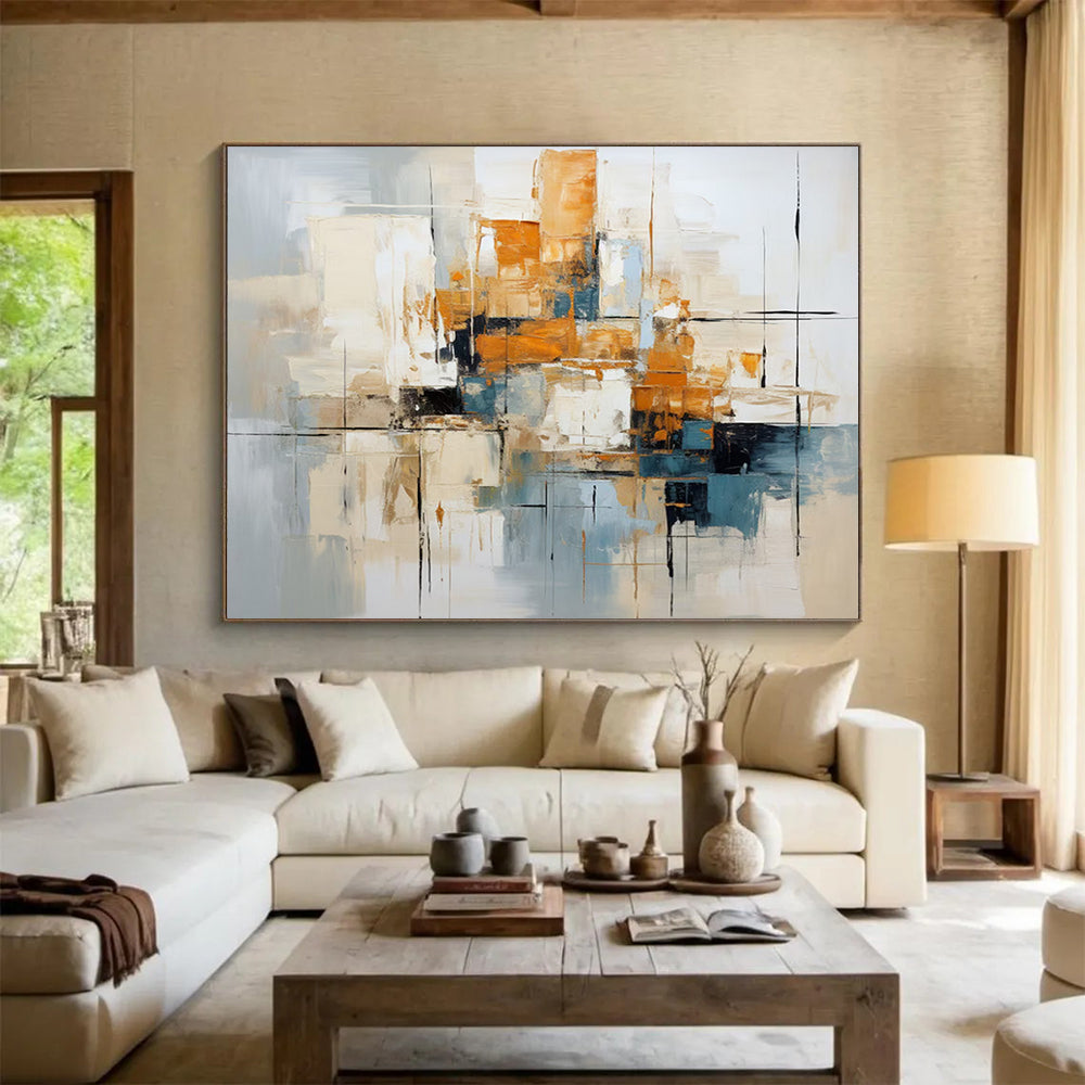 Grey - Orange - Blue Abstract Cityscape - Sophisticated Office Decor DLZ006