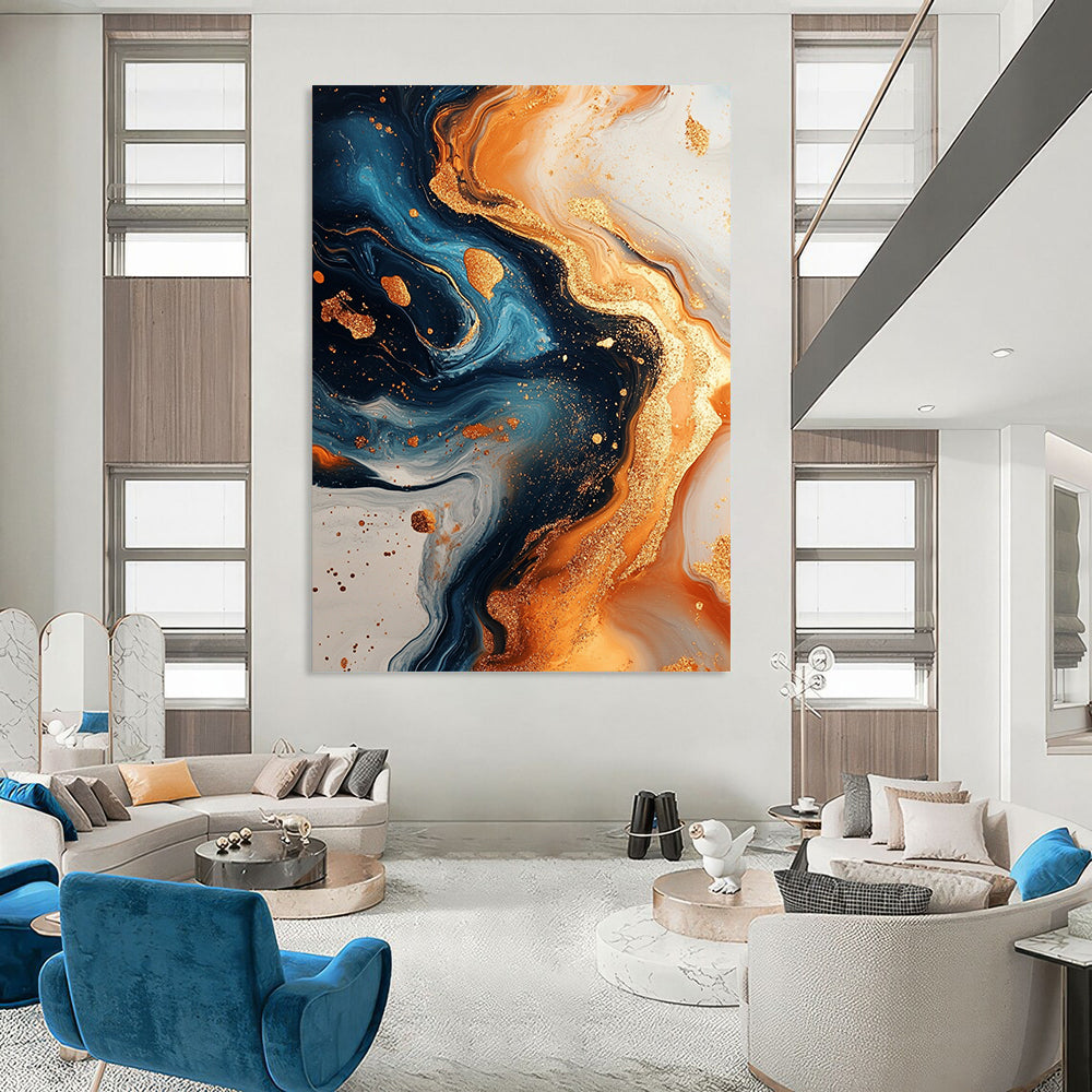 Contemporary hand-painted abstract artwork showcasing swirling gold and navy blue with marble textures and glitter. Perfect for modern decor. DLZ0848