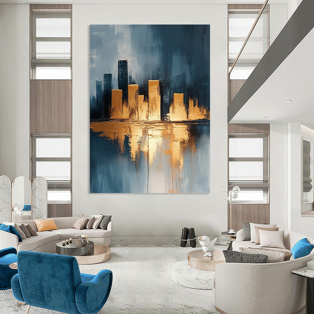 Contemporary hand-painted abstract artwork featuring a neutral urban cityscape with gold accents on canvas texture in vibrant UHD quality. DLZ0337