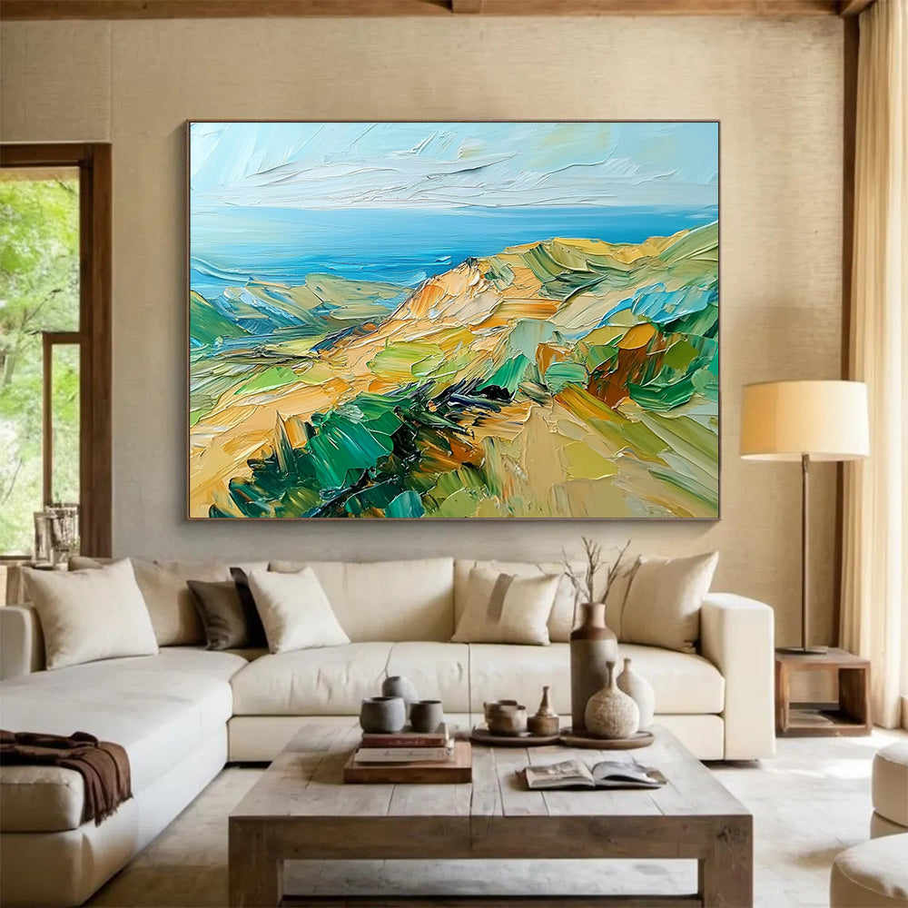 “Impasto Coastal Cliffs” - Green, Blue, Yellow, Textured Cliffs and Ocean View Painting On Canvas HB0925