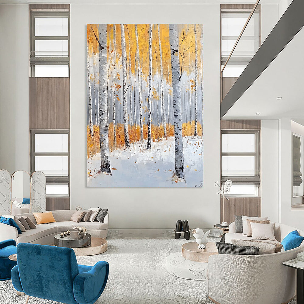 Large contemporary hand-painted abstract artwork featuring birch trees in light gray and amber, evoking tranquility with autumn foliage and snow. DLZ1103