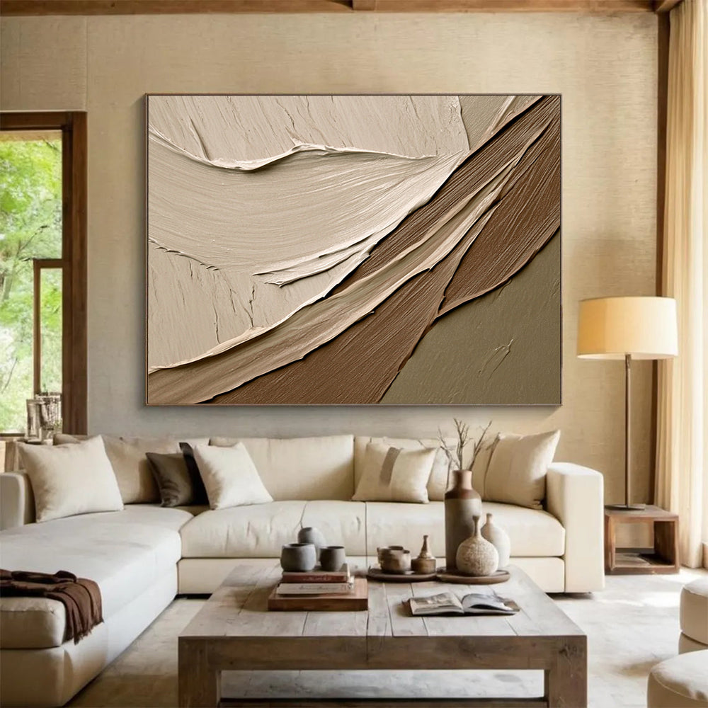 “Neutral Textured Waves” - Beige, Brown, Gray, Smooth Plaster - like Layers - Mixed Media HB1633