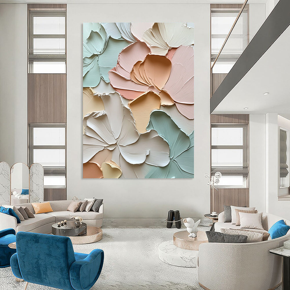 Large contemporary abstract floral artwork featuring textured petals and leaves in soft pastels exuding tranquility and depth through impasto strokes. DLZ1184