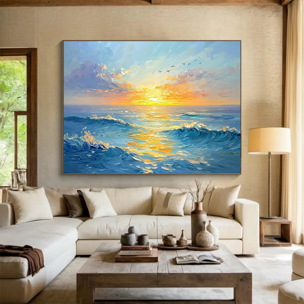 “Sunset Sea Symphony” - Blues, Oranges, Yellows, Seascape with Sunset and Birds - Impasto Oil Painting HB1756