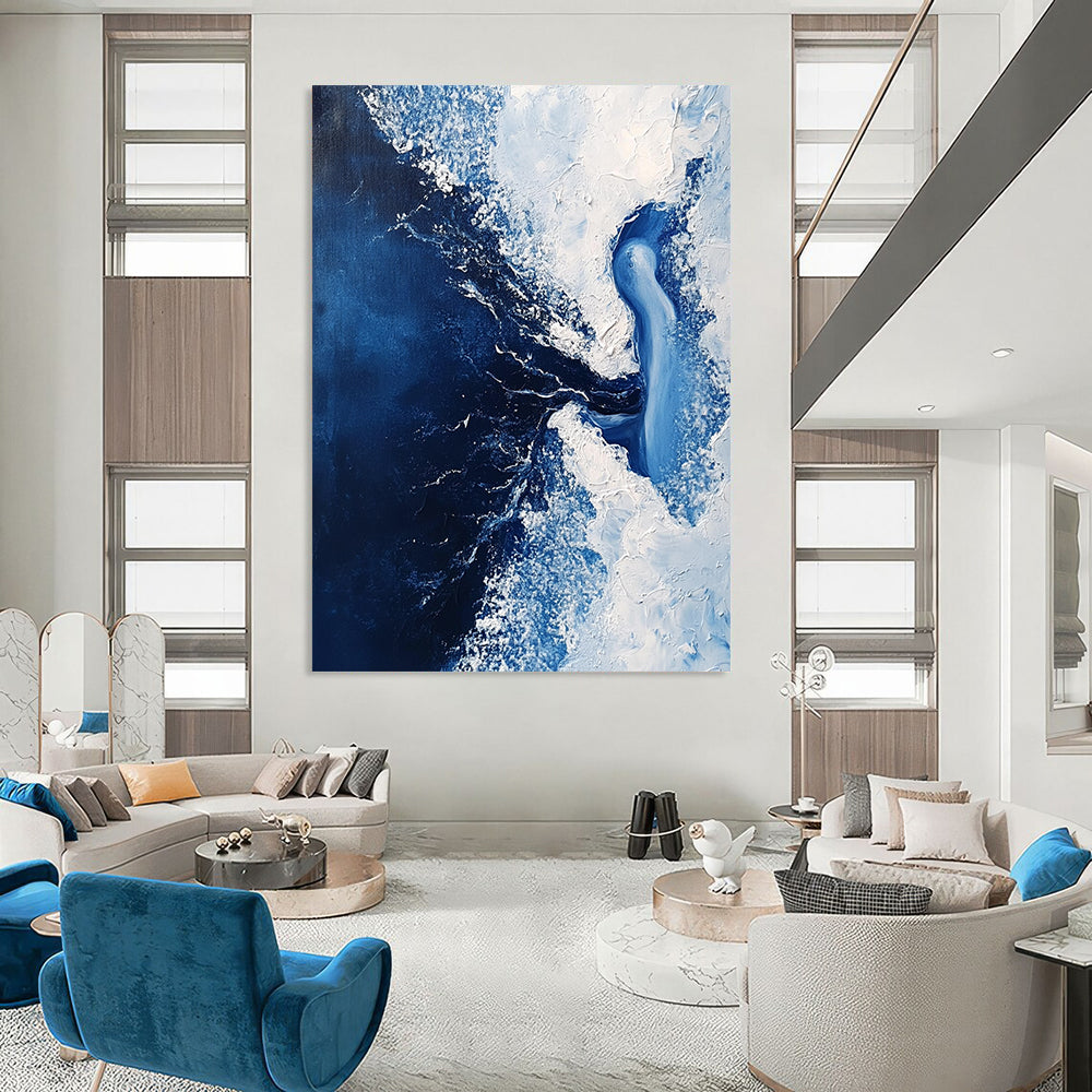 Contemporary abstract painting features a dark blue sea with white foam and an ice woman submerged within flowing water in minimalist style. DLZ0649