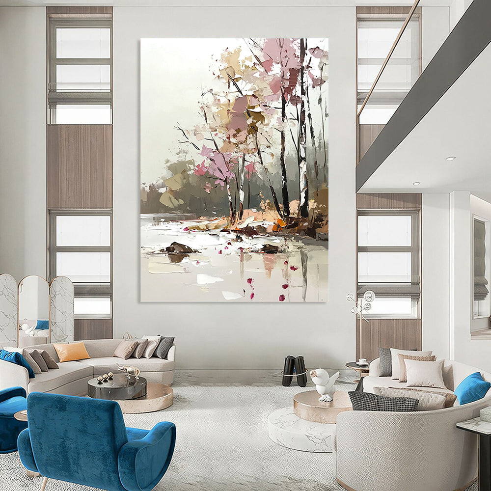 Contemporary abstract art features a soft palette knife technique with light pink and beige tones, showcasing trees by the river in a dreamy, blurred style. DLZ1113