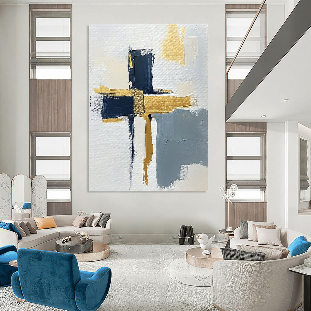 Contemporary hand-painted abstract art featuring a minimalist cross design on a textured canvas with gold highlights navy blue and gray accents. DLZ0592