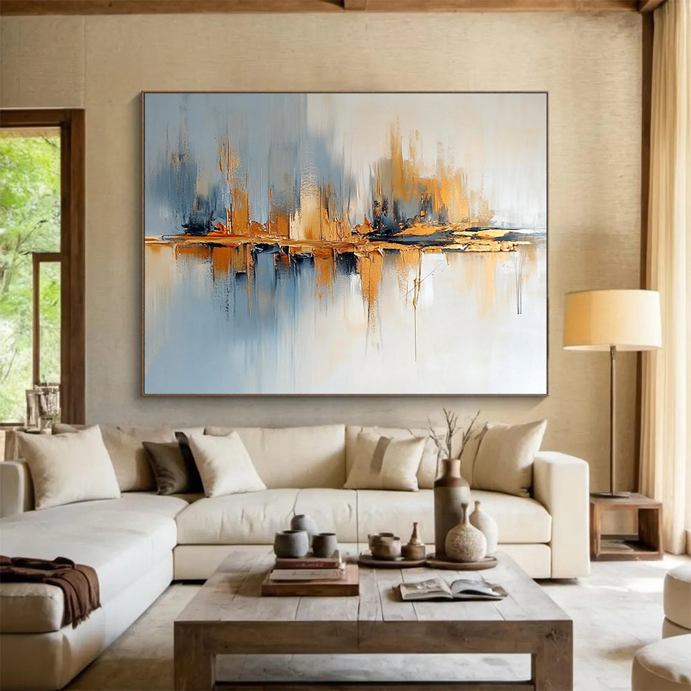 “Abstract Cityscape with Reflection” - Gray, blue, gold; Abstract cityscape with reflective elements; Acrylic Painting On Canvas HB1243