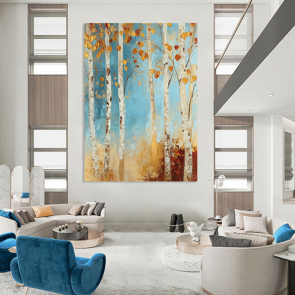 Contemporary abstract painting featuring a tranquil birch forest with autumn hues in soft blues and golds, adding warmth to your space. DLZ1456