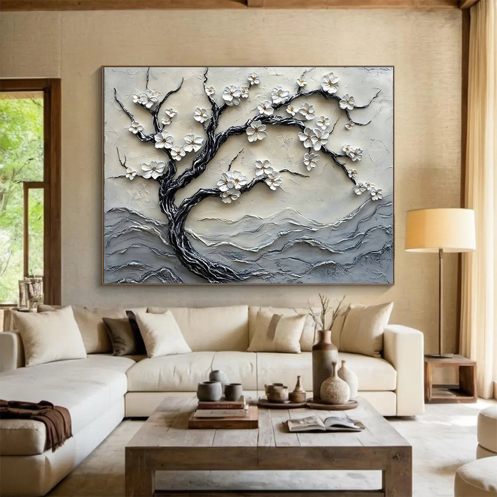 “White Blossom Tree Relief” - Whites, Grays, Textured Tree with Blossoms - 3D Relief Sculpture Painting HB1740