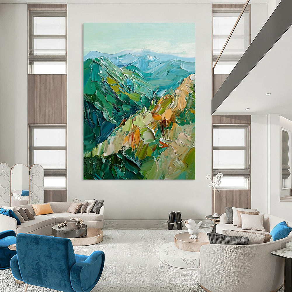 Contemporary abstract artwork featuring vibrant green and blue mountains created with bold impasto brush strokes for a striking visual impact. DLZ0483