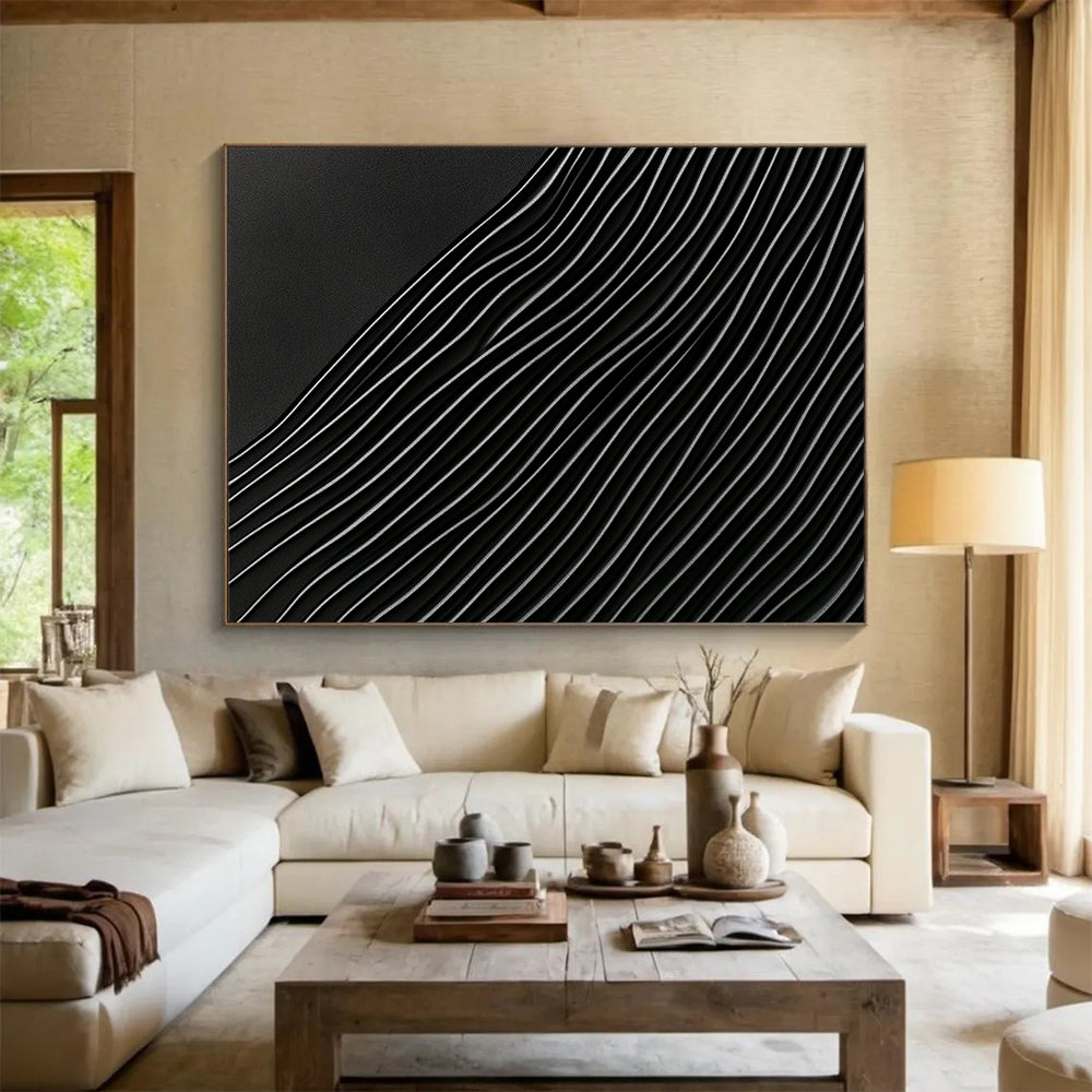 “Curved Black & Silver Lines” - Blacks, Silvers, Abstract Wave Lines - Mixed Media Art HB1623