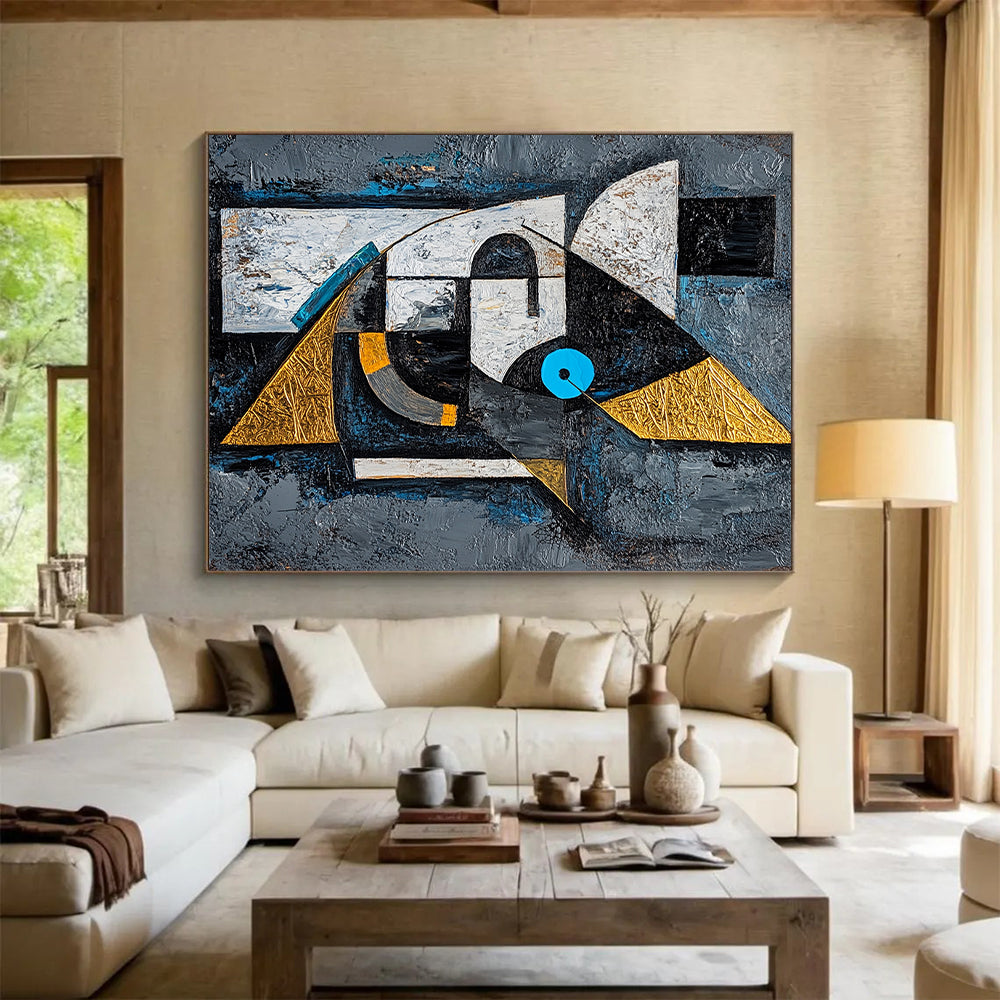 Gray, Black, White, Gold and Blue Cubist - Inspired "Abstract Portrait" Painting On Canvas HB319