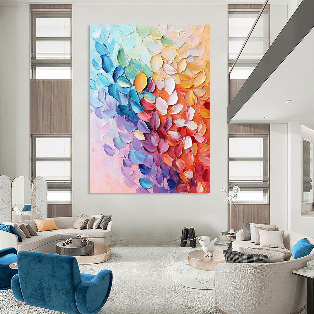 Contemporary hand-painted abstract art featuring textured leaves and vibrant foliage in pink blue purple orange and green with rich details and delicate brushstrokes. DLZ1568