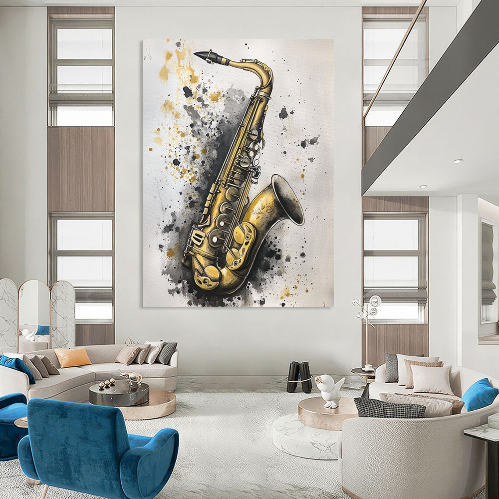 Contemporary hand-painted abstract artwork featuring an old saxophone in gold and silver hues against a soft gray background, creating striking contrast and depth. DLZ1507