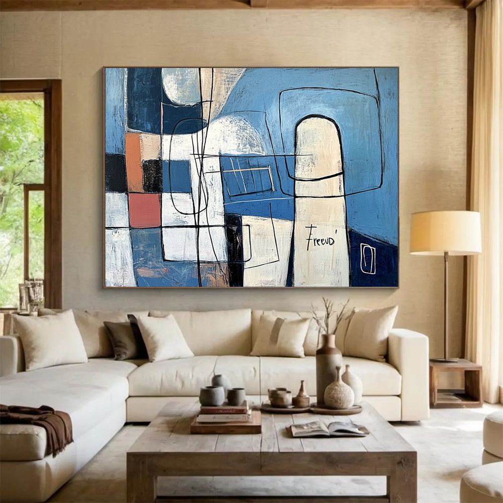Blue with Geometric Shapes and Lines - “Structured Blues” Painting On Canvas HB1452