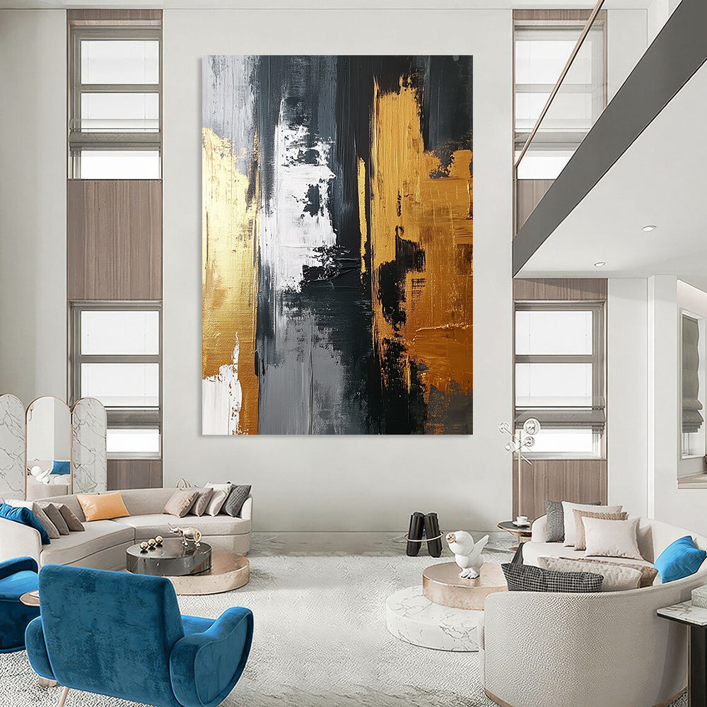 Abstract artwork featuring a gold and gray palette with bold brush strokes and white highlights on a dark gray background, emphasizing texture and dynamic design. DLZ0705