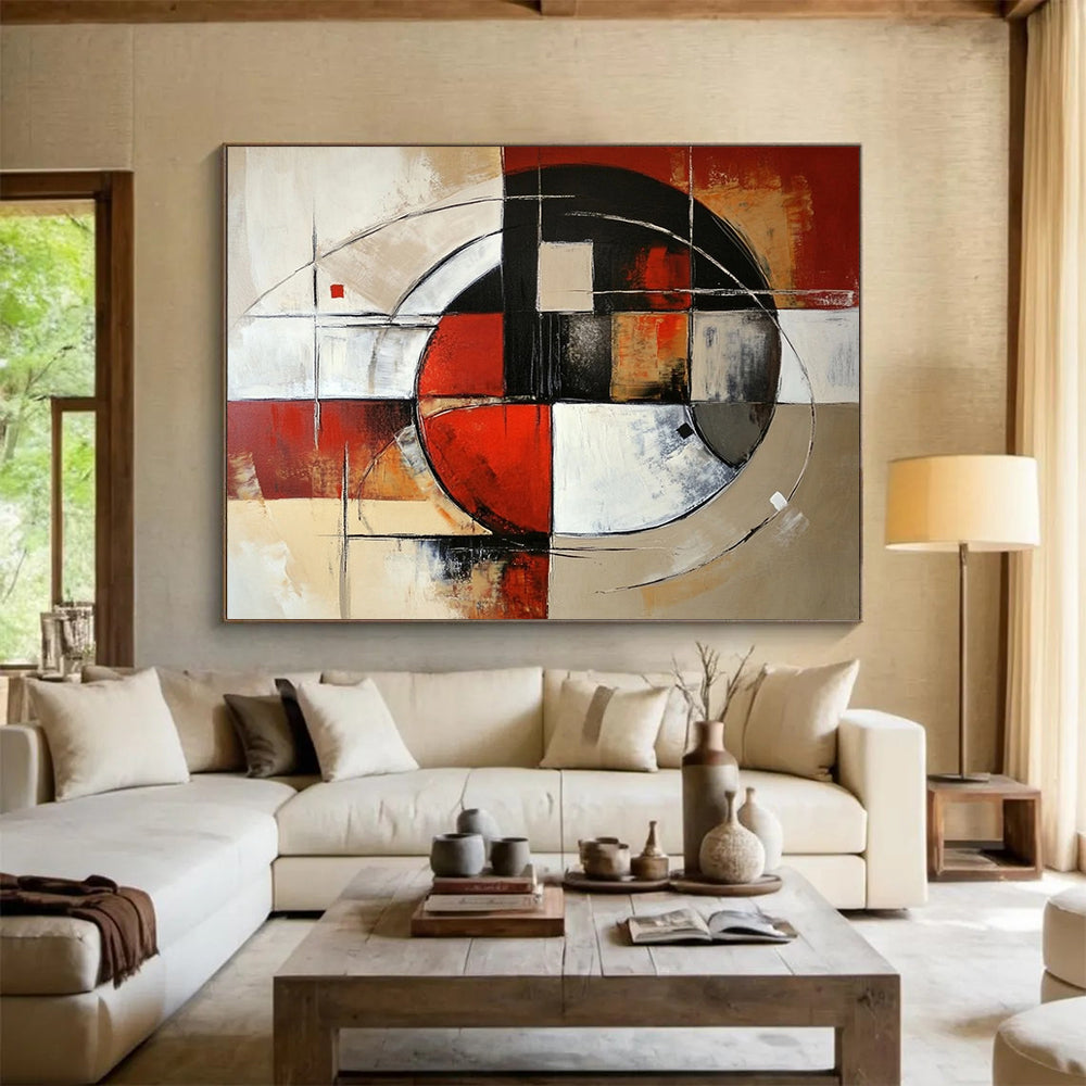 “Circular Geometric Abstract” - Red, black, white, beige, gray; Circular and linear geometric abstract; Acrylic Painting On Canvas HB1242