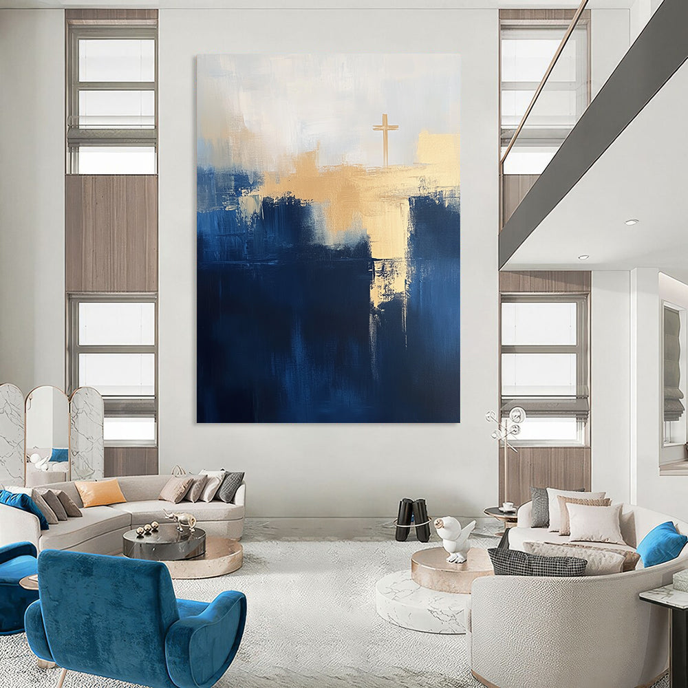 Contemporary abstract painting featuring navy blue and light beige tones with large brush strokes and a minimalist cityscape design emphasizing depth and negative space. DLZ0714