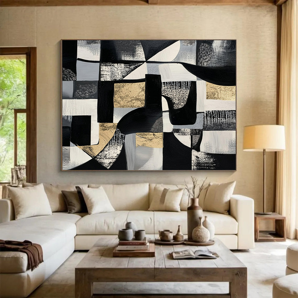 Black, White, Gray and Gold Abstract Composition "Monochrome Luxury" Painting On Canvas HB340