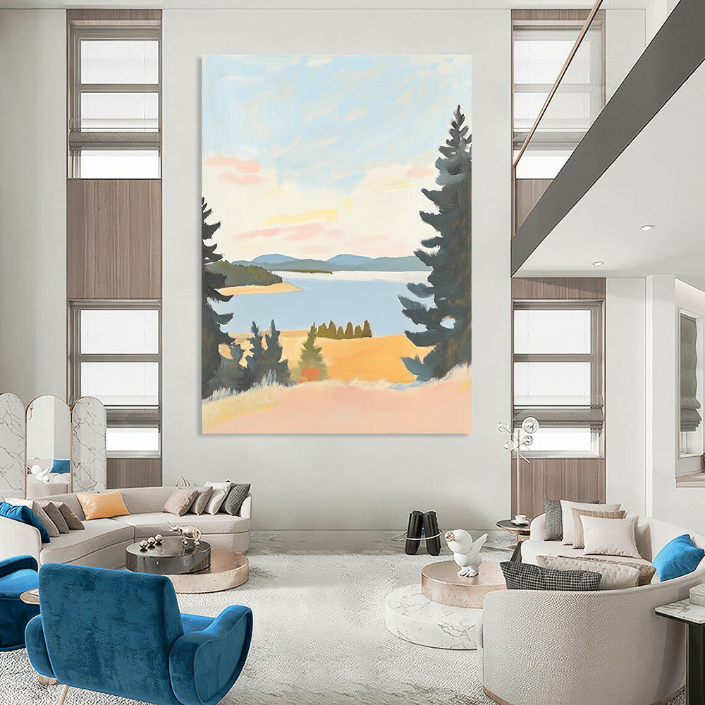 Contemporary minimalist landscape art featuring muted pastels of Lake St. Paul in Oregon on antique white paper, evoking serene beauty and tranquil views. DLZ1575