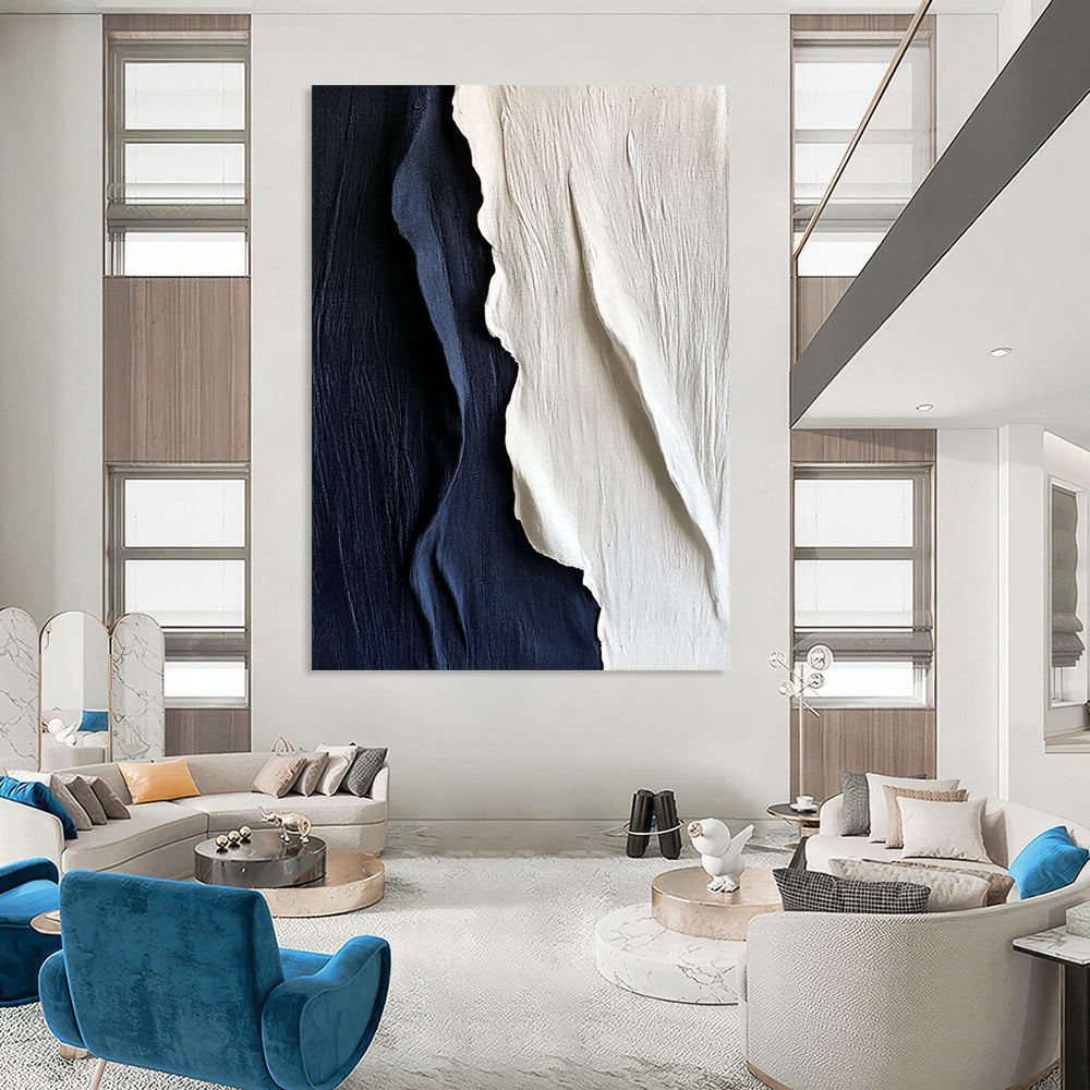 Contemporary hand-painted abstract artwork features textured white and navy blue silk, elegantly draping to create a striking visual impact on any wall. DLZ1250