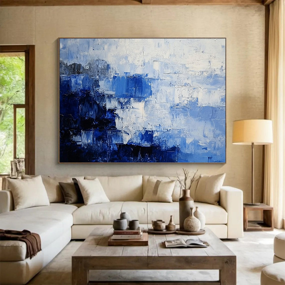 “Blue - Gray Abstract Block Patterns” - Blue, Gray, Block Shapes Painting On Canvas HB0837