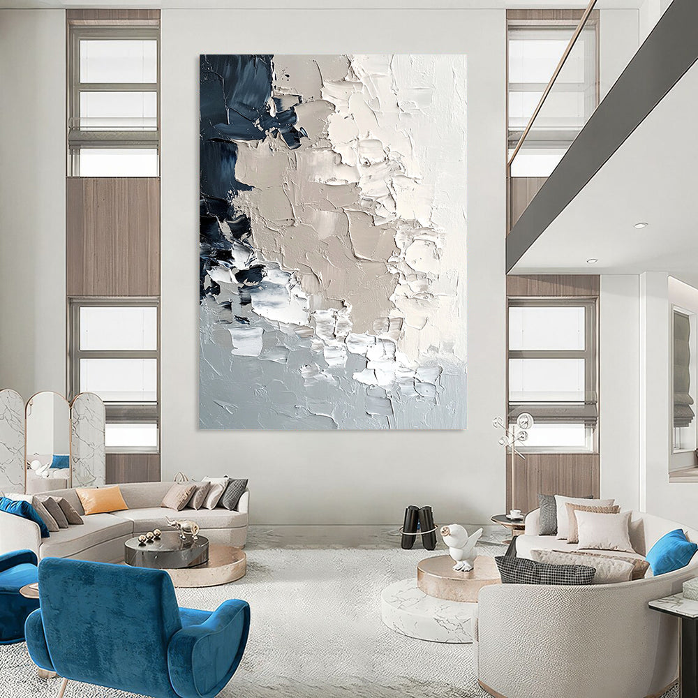Contemporary hand-painted abstract art featuring textured icebergs in soft neutral tones and melting snowflakes, evoking a modern minimalist aesthetic. DLZ0427