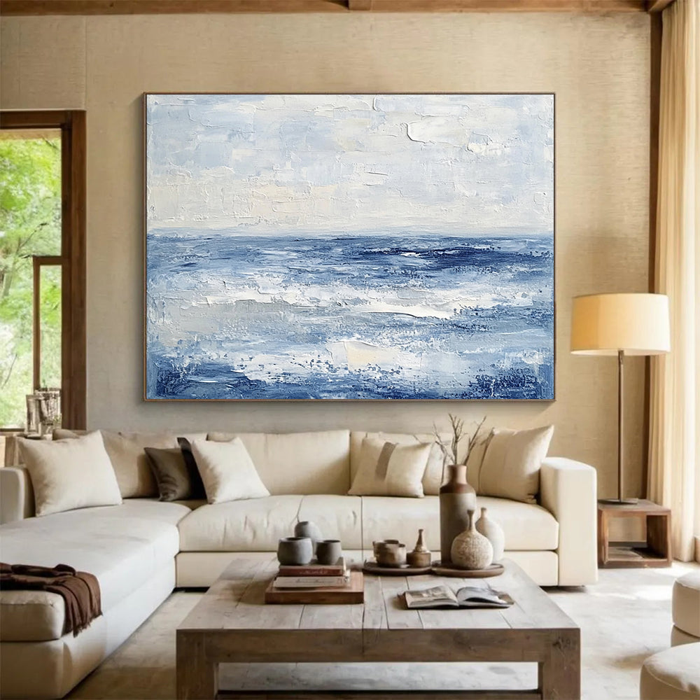 “Textured Blue Ocean” - Shades of blue, white; Abstract ocean waves; Impasto Oil Painting On Canvas HB1192